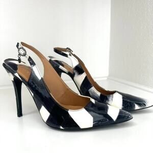 J Renee Slingback Heels Black White Abstract Print Pointed Toe 9.5M NWOT
